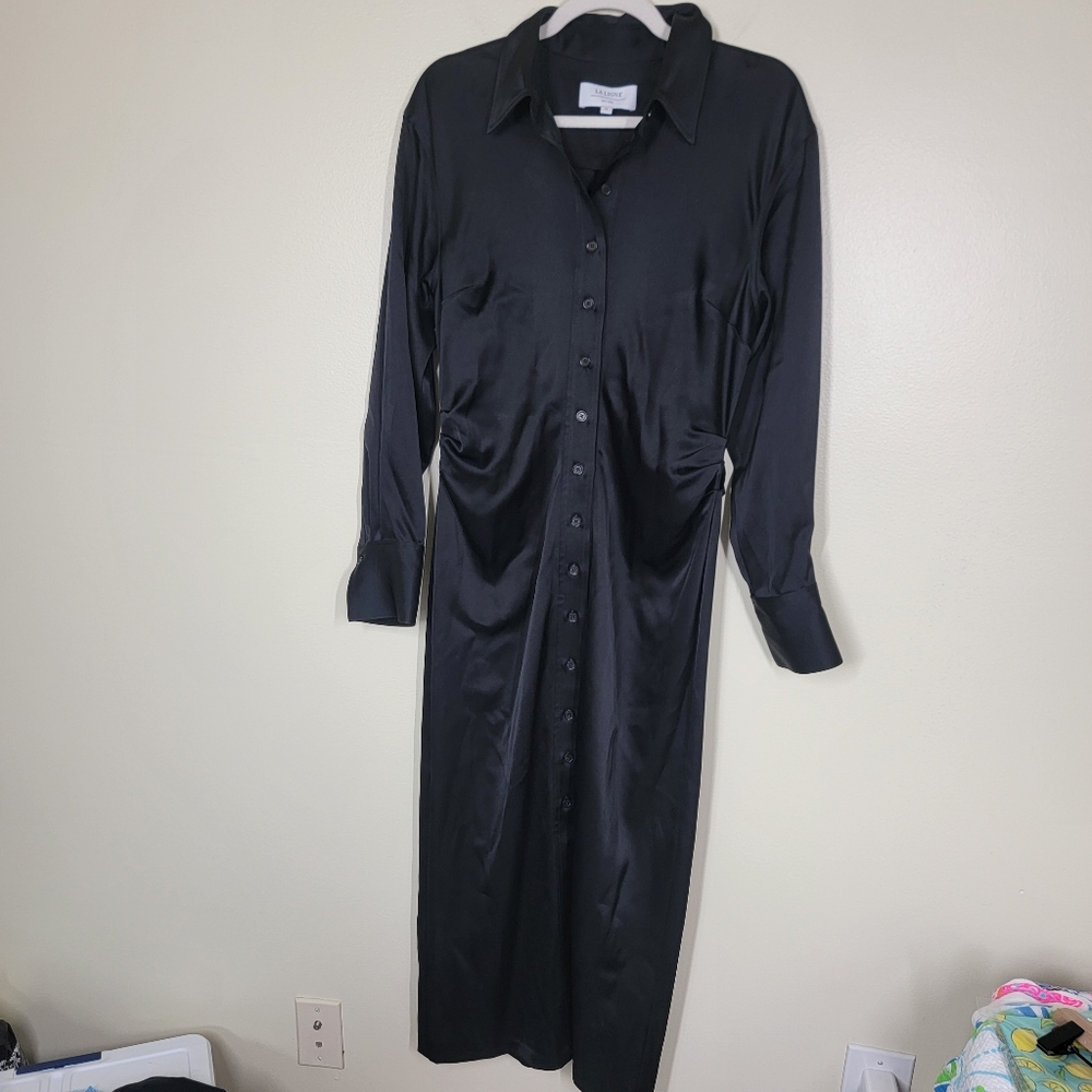 La Ligne Black Satin Button-Front Midi Dress Medium nwot